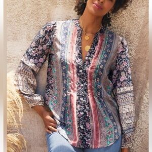 Soft Surroundings Silk Sz XL Milarepa Tunic Blouse Mixed Floral Print Top Boho